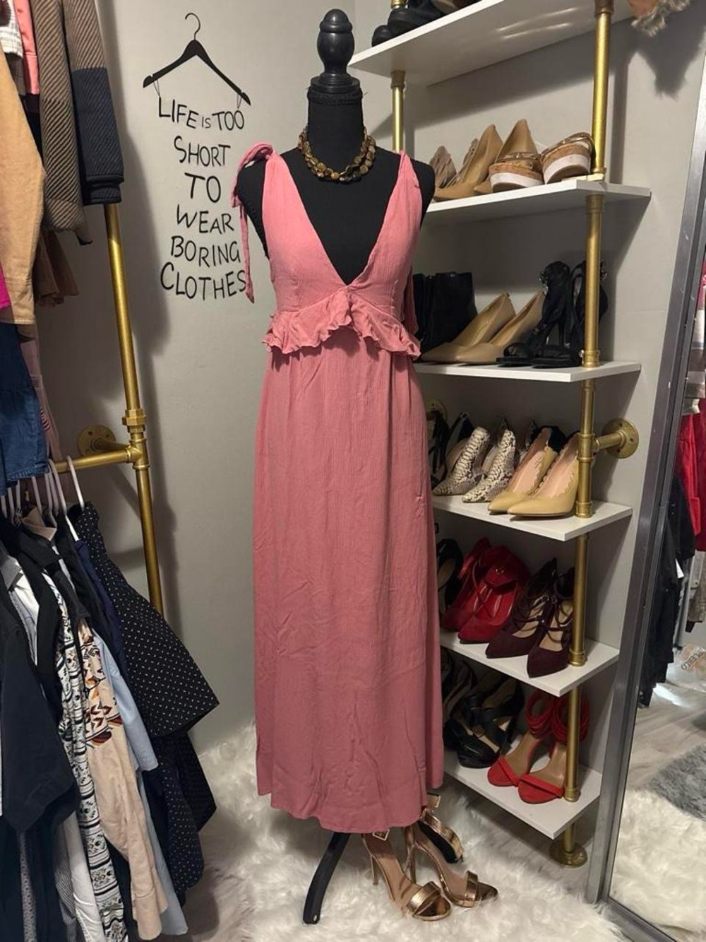 Forever 21 Rose Pink Tie-Shoulder Ruffle Maxi Dress